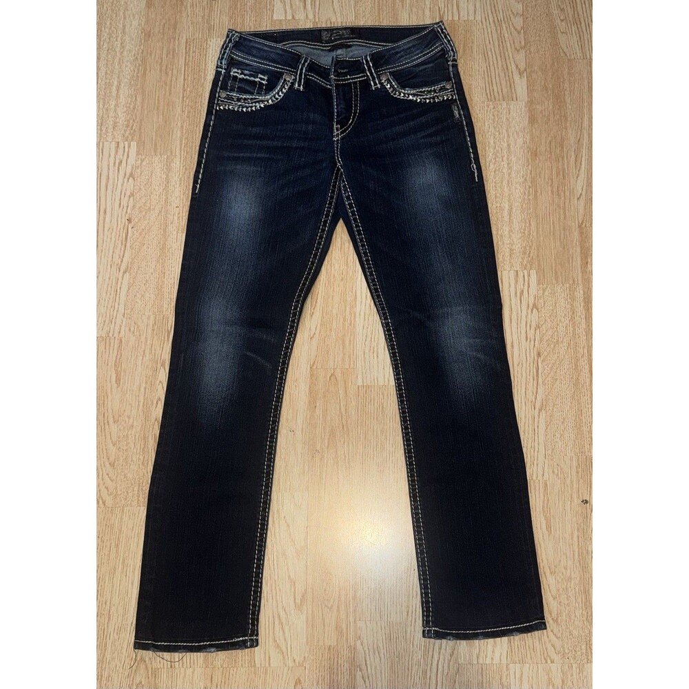 Silver Jeans Co. Berkley Dark Blue Straight Stretch Denim Embroidered Button Zip